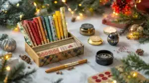 A festive assortment of premium cannabis rolling papers, a pen, and a grinder, ideal for stoners' holiday stockings.