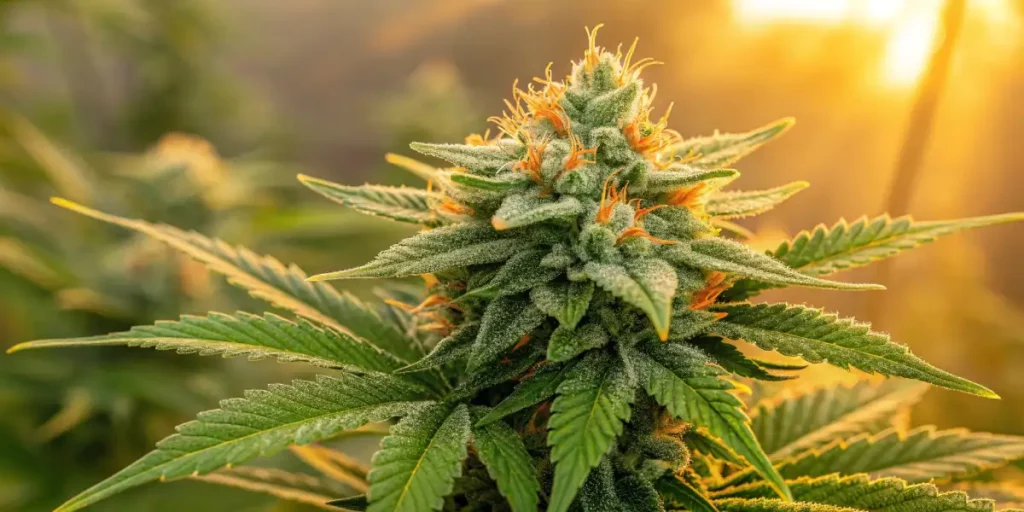 Cannabis bud with vibrant orange pistils, coated in frosty trichomes, glowing in the warm sunlight.