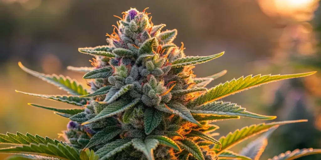 A sunlit cannabis bud in an outdoor garden, highlighting its frosty texture and orange hairs.
