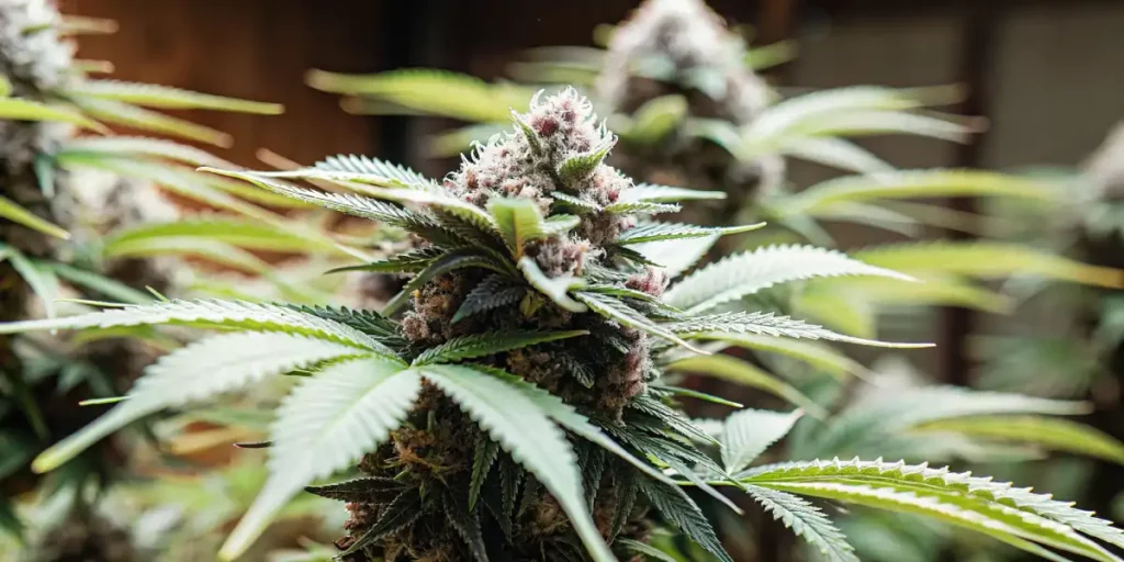 Close-up of a sweet black rose cannabis bud with purple hues, covered in trichomes.
