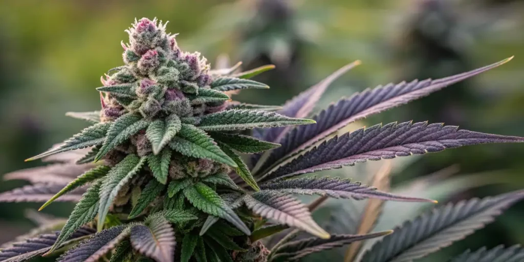 Cluster of sweet black rose cannabis buds with dense, resin-coated flowers and purple accents.