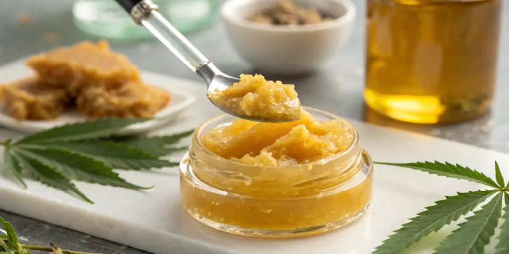 Hyper-realistic close-up of golden THCA badder on a spoon, being served from a glass jar, with cannabis leaves and oil bottle in background.
