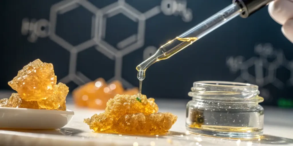 Hyper-realistic close-up: golden, crystalline THCA dabs in a pile and on a white dish, with a dropper dispensing oil into a glass jar, against a blurred background with chemical structures.