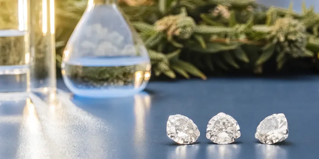 Hyper-realistic scene: three faceted THCA diamonds on a reflective surface with a blurred flask and cannabis buds in the background.