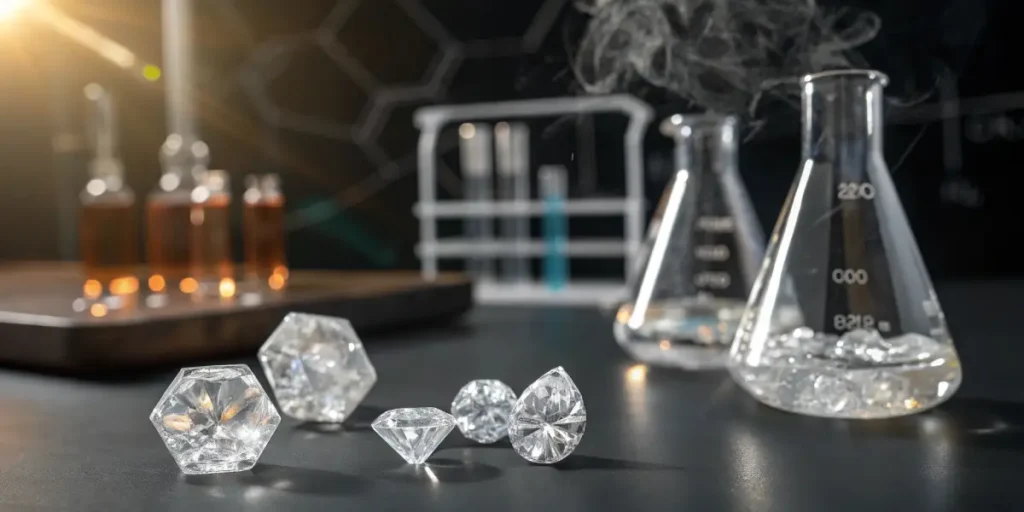 Hyper-realistic scene: faceted THCA diamonds on a table with smoking flasks and amber bottles in a lab setting.