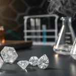 Hyper-realistic scene: faceted THCA diamonds on a table with smoking flasks and amber bottles in a lab setting.