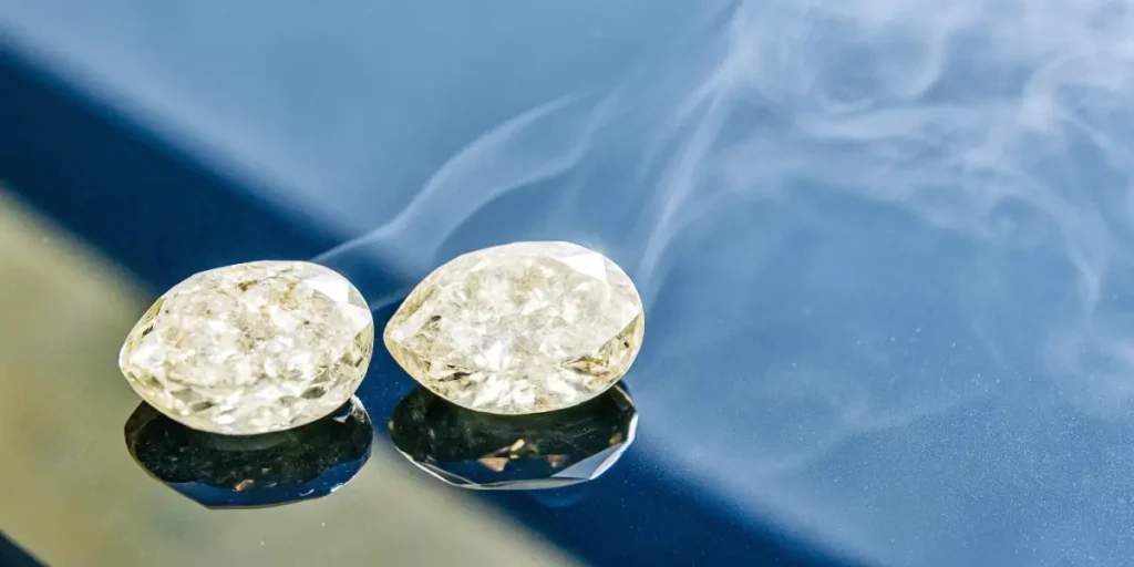 Hyper-realistic close-up of two clear THCA diamonds on a reflective blue surface with rising smoke.