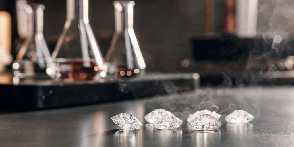 Hyper-realistic scene: several small THCA diamonds on a dark, reflective surface with smoke and blurred lab flasks in the background.
