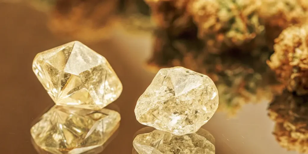 Three clear THCA diamonds reflecting on a dark surface, with blurred cannabis buds in background.