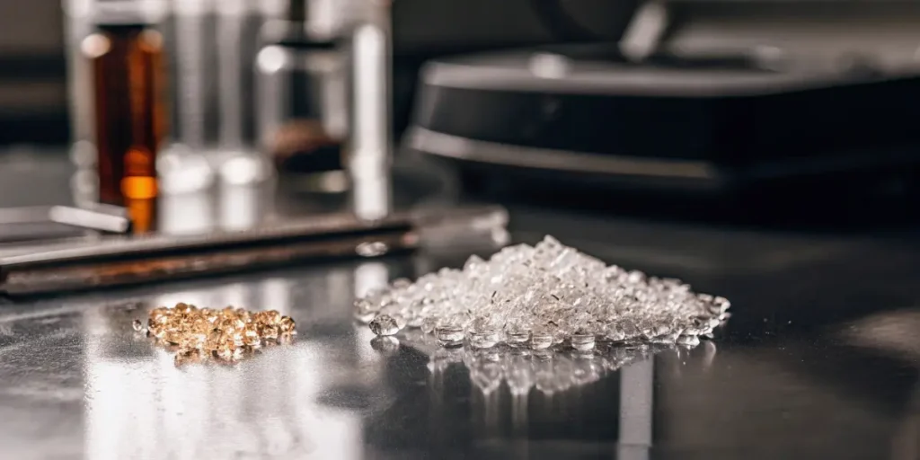 Hyper-realistic close-up of clear THCA diamonds next to a pile of golden beads on a reflective surface, with lab equipment in background.