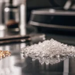 Hyper-realistic close-up of clear THCA diamonds next to a pile of golden beads on a reflective surface, with lab equipment in background.