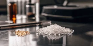 Hyper-realistic close-up of clear THCA diamonds next to a pile of golden beads on a reflective surface, with lab equipment in background.