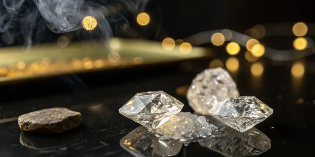 Hyper-realistic close-up of faceted THCA diamonds and a piece of hash on a reflective surface, with smoke and blurred lights in the background.