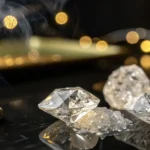 Hyper-realistic close-up of faceted THCA diamonds and a piece of hash on a reflective surface, with smoke and blurred lights in the background.