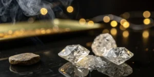 Hyper-realistic close-up of faceted THCA diamonds and a piece of hash on a reflective surface, with smoke and blurred lights in the background.