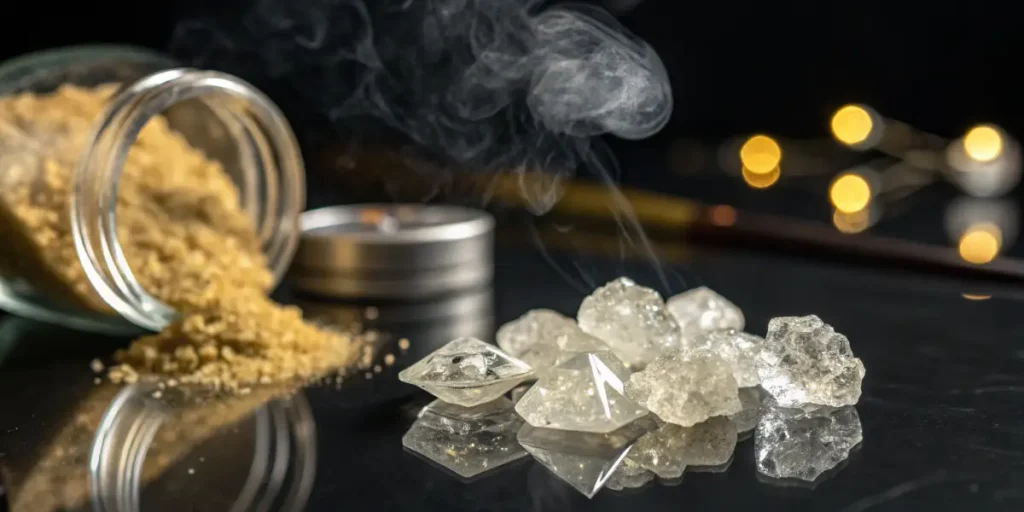 Hyper-realistic close-up of clear THCA diamonds and spilled kief from a jar, with smoke and blurred lights in the background.