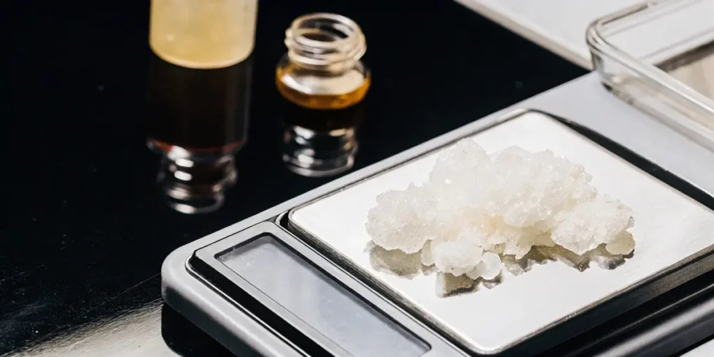 Hyper-realistic close-up of white THCA diamonds being weighed on a digital lab scale, with cannabis oil bottles in background.