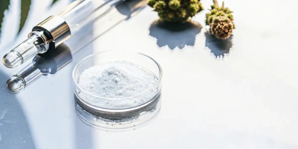 Hyper-realistic close-up of white THCA isolate powder in a petri dish on a bright, reflective surface, with a dropper and cannabis buds.
