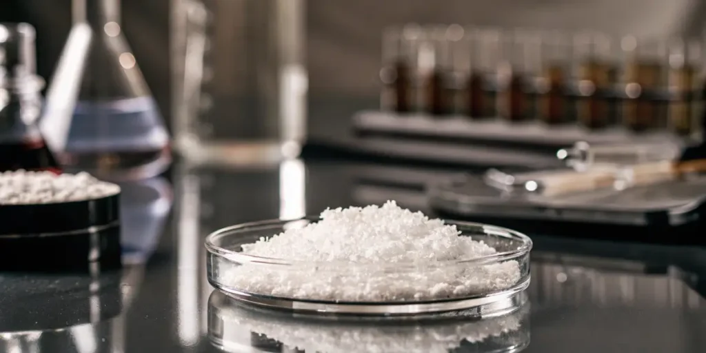 Hyper-realistic close-up of white THCA isolate crystals in a petri dish with lab glassware in the background.