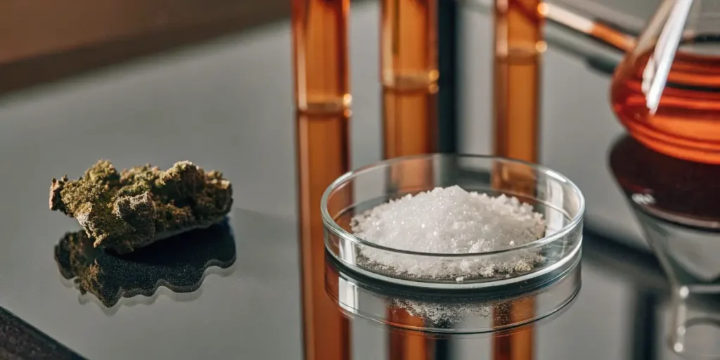 Hyper-realistic close-up of white THCA isolate crystals in a petri dish, next to a cannabis bud and test tubes with orange liquid.