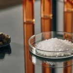 Hyper-realistic close-up of white THCA isolate crystals in a petri dish, next to a cannabis bud and test tubes with orange liquid.