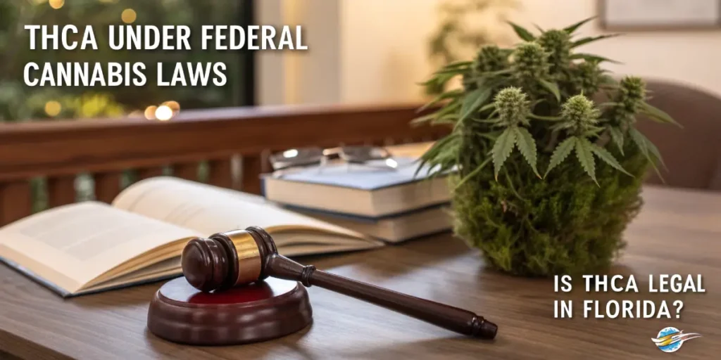 Hyper-realistic illustration showing a judge's gavel, books, and cannabis plant on a wooden table, with text "THCA UNDER FEDERAL CANNABIS LAWS" and "IS THCA LEGAL IN FLORIDA?".