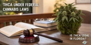 Hyper-realistic illustration showing a judge's gavel, books, and cannabis plant on a wooden table, with text "THCA UNDER FEDERAL CANNABIS LAWS" and "IS THCA LEGAL IN FLORIDA?".