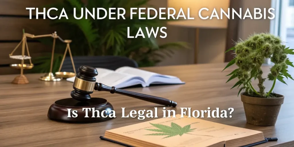Hyper-realistic illustration showing a judge's gavel, scales of justice, open book with a cannabis leaf image, and a cannabis plant on a wooden table, with text "THCA UNDER FEDERAL CANNABIS LAWS" and "Is Thca Legal in Florida?".