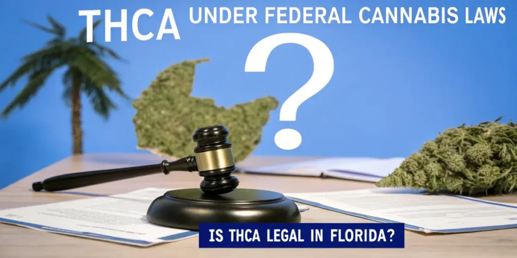 Hyper-realistic illustration showing a judge's gavel, cannabis buds in the shape of Florida, and a large question mark, with text "THCA UNDER FEDERAL CANNABIS LAWS" and "IS THCA LEGAL IN FLORIDA?".