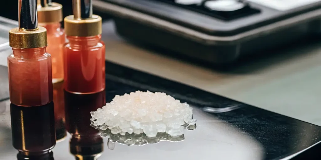 Hyper-realistic close-up of a pile of clear THCA diamonds on a reflective surface next to three red dropper bottles, with lab scale in background.