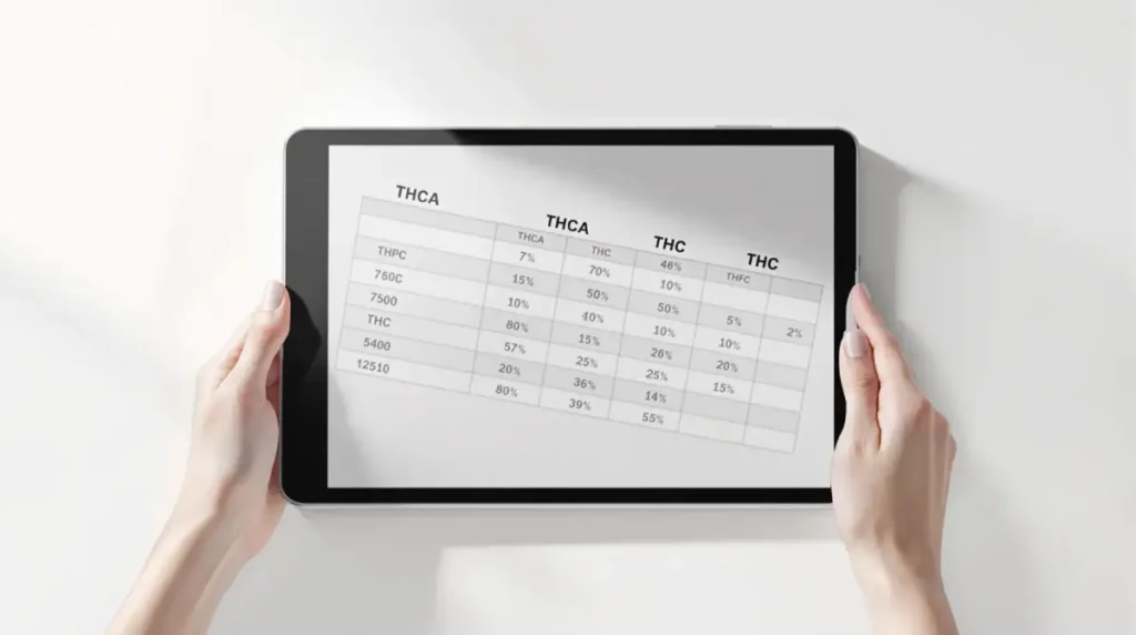 Infographic showing THCA to THC conversion with numerical values in a calculator-style layout.