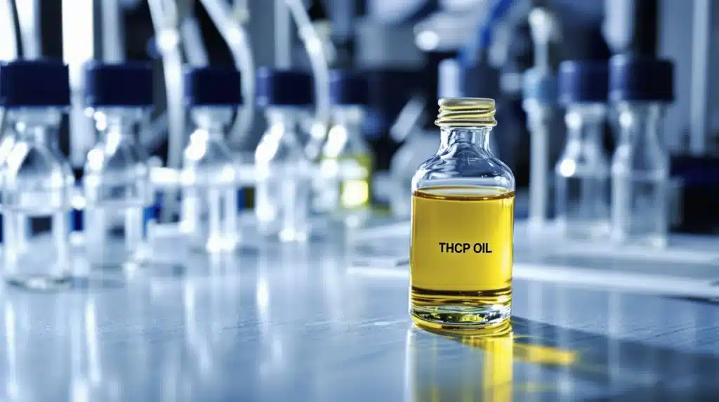 A bottle of THCP oil displayed in a lab with other testing vials in the background.