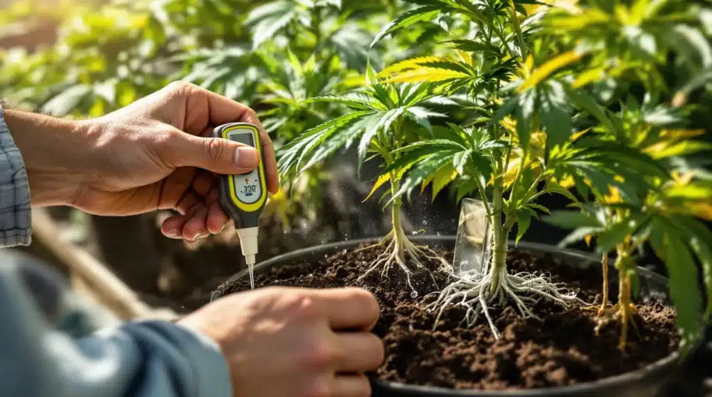 Checking soil pH to prevent cannabis leaves turning yellow with brown spots.