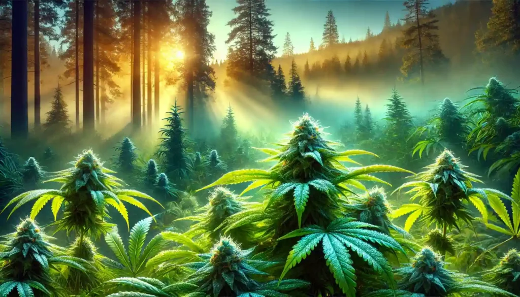 Vivid cannabis plant with frosty buds and vibrant green leaves, surrounded by a serene forest with tall pine trees and sunlight filtering throug