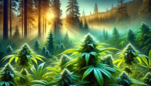 Vivid cannabis plant with frosty buds and vibrant green leaves, surrounded by a serene forest with tall pine trees and sunlight filtering throug