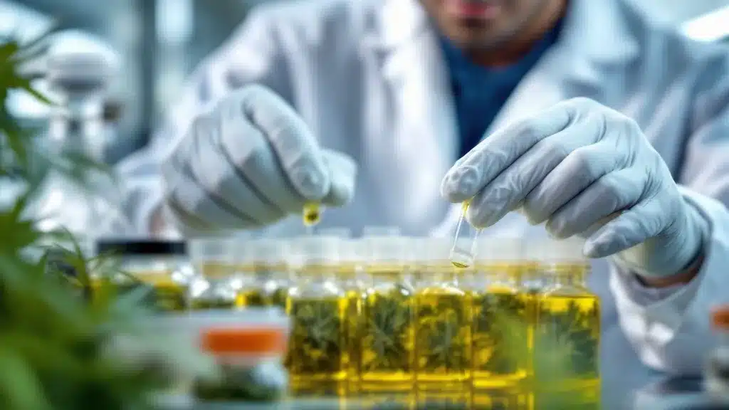 Scientist examining cannabis samples in a lab, focusing on quality control and research.