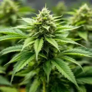 Lush cannabis plant in an indoor grow room, highlighting vibrant leaves and frosty trichomes.