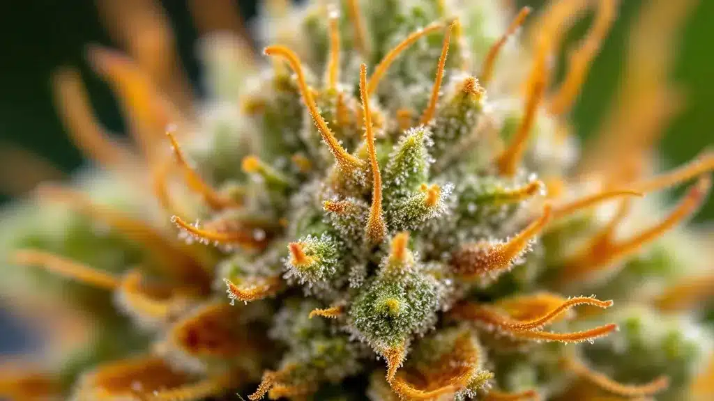 Close-up of a cannabis bud with trichomes and orange hairs, showcasing its premium quality.