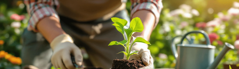 A gardener transplanting a young plant from a pot into the soil outdoors after starting indoors.