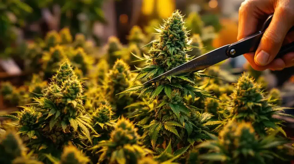 A hand trimming a cannabis plant with scissors, showing the SCROG method being applied