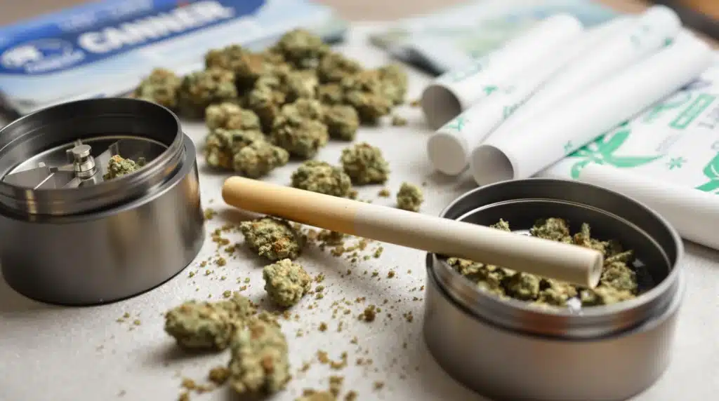 Cannabis buds, rolling papers, and a grinder ready to roll a joint