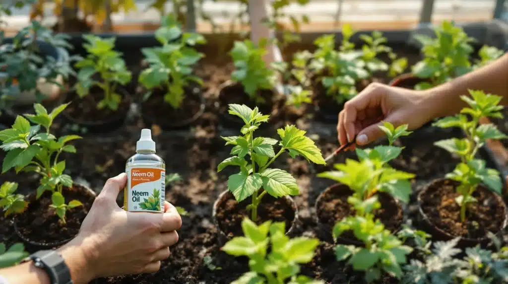 Applying neem oil to young plants for pest control while growing indoors before moving outdoors.