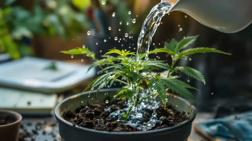 A cannabis plant being carefully watered, with water droplets on its leaves. Proper watering is essential for avoiding nitrogen toxicity, which can harm plant health.