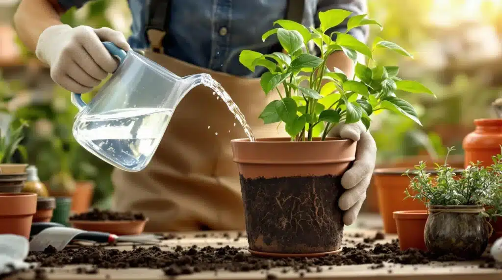 A person watering a potted plant, showing healthy root system.