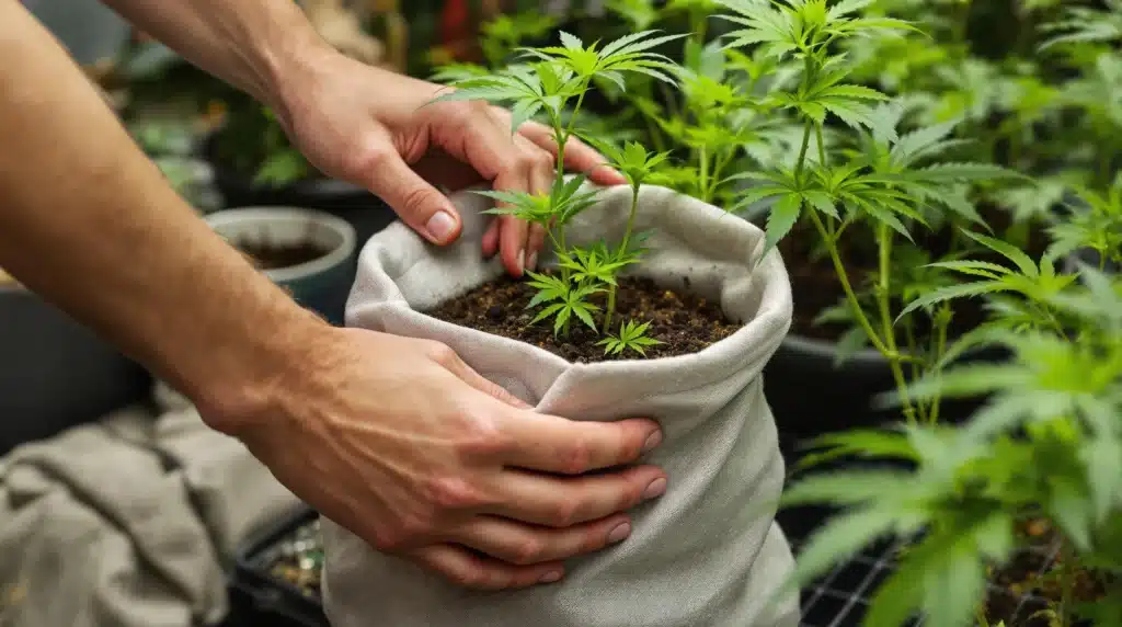 Cannabis plant being adjusted in a fabric pot, showing early growth stages.