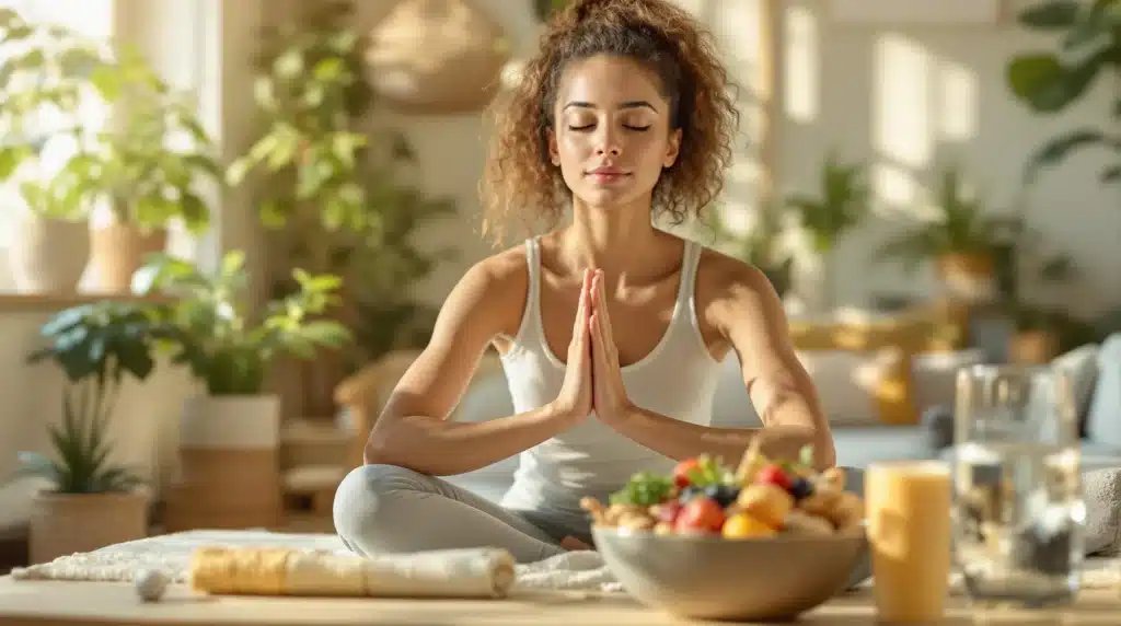Woman practicing yoga as part of a holistic wellness routine to complement CBD for hemorrhoid relief.