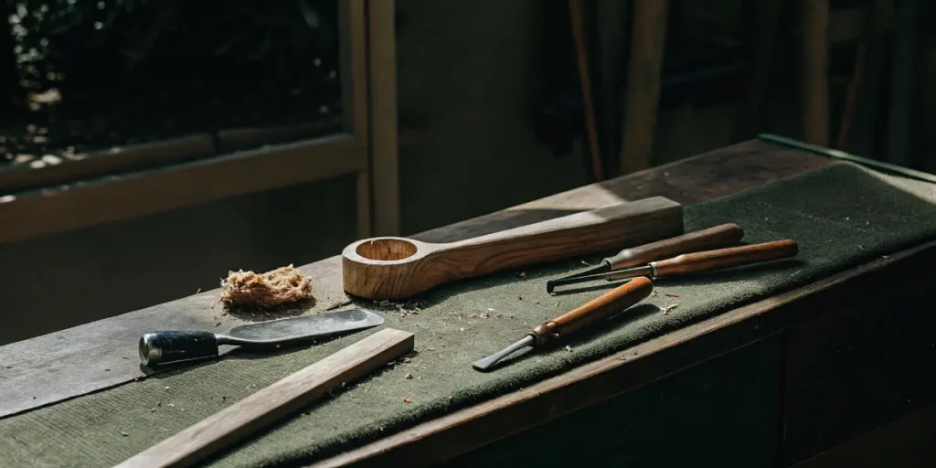 Wooden pipe blank and carving tools on a green mat, with wood shavings.