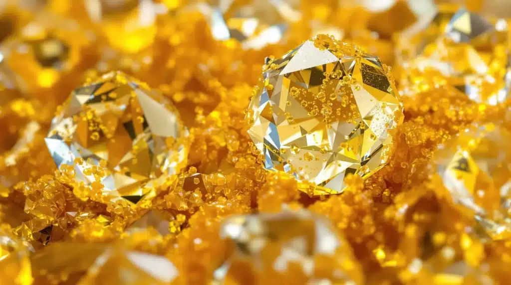 Yellow BHO Diamonds glimmering with a soft shine on a bright surface.