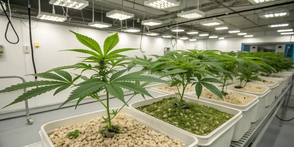 Advanced indoor hydroponic cannabis grow room with LED lights and white containers lined with healthy green plants.