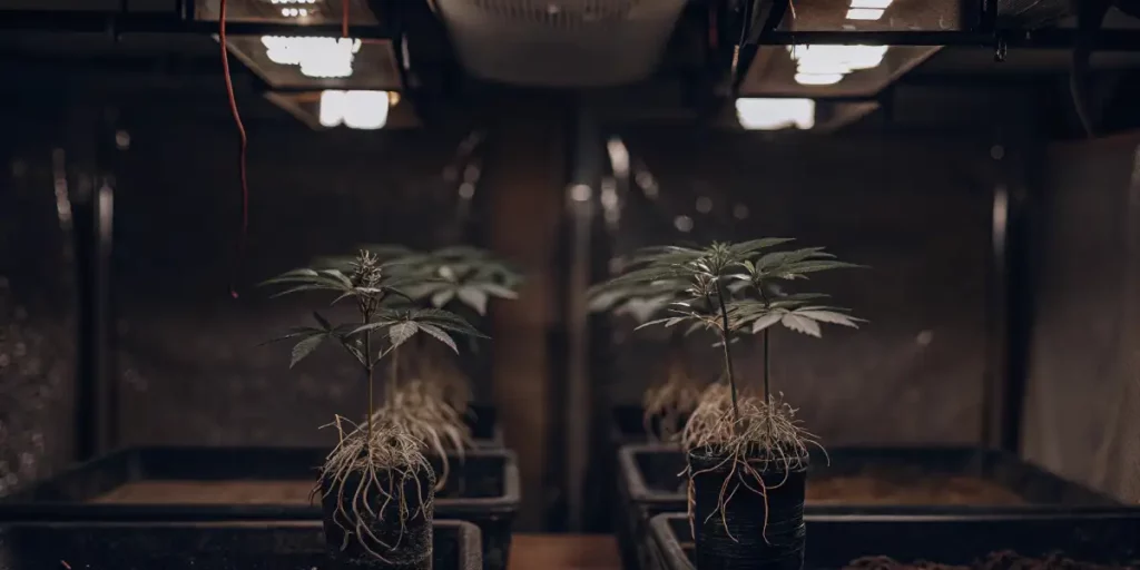 Young cannabis plants with exposed roots growing under LED lights in an advanced indoor hydroponic system.